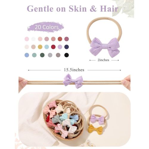 jollybows 20pcs Baby Girl Bow Headbands Newborn Nylon Hairband 2" Neutral Linen Infant Hair Bows