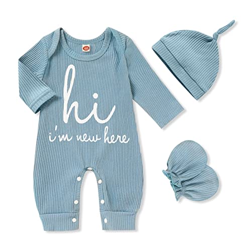 GRNSHTS Newborn Baby Boy Romper Coming Home Outfits Letter Print Bodysuit Jumpsuit+Hat+Gloves 3PCS Clothes Set