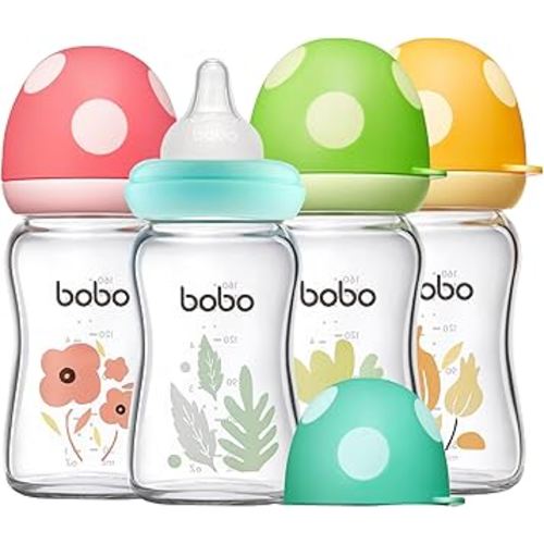 YOHKOH Natural Glass Baby Bottle with Natural Response Nipple, Newborn Anti-Colic Baby Bottles, Wide Neck Mushroom Cap Baby Bottle, Clear (Multicolour1, (5.4oz (Pack of 4))