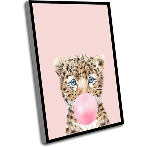Kids Decorations For Bedroom,Leopard Bubble Gum Wall Art Print Cheetah Animal Printable Theme Nursery Decor Baby Girls Nursery Room Art,Woodland Animal Poster Prints,16x24 Inch Framed Wall Art