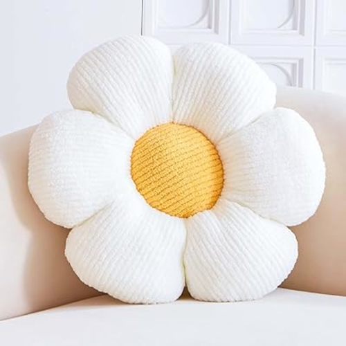 White Flower Decorative Throw Pillows - Cute Daisy Shaped Plush Pillow, Soft 14.9" Floor Seat Cushion