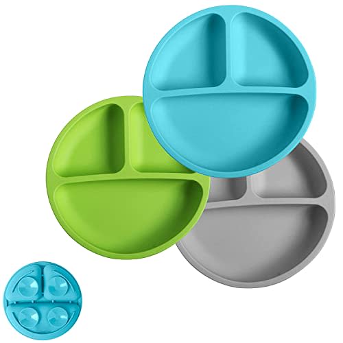Silikong Suction Plate for Toddlers | BPA Free, 100% Food-Grade Silicone | Microwave, Dishwasher and Oven Safe | Stay Put Divided Baby Feeding Plates (3, Blue/Green/Grey)