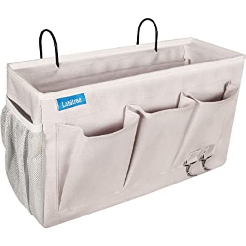 Bedside Caddy, Hanging Storage Organizer 6 Pockets Canvas Bag for Bunk, College Dorm Bed, Bed Rails with Magazine Phone Tablet Water Bottle Holder, Grey