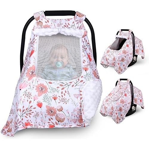 Car Seat Cover Baby, Carseat Covers Baby with 2 Layers Breathable Zipper Windows, Windproof Infant Car Seat Cover, Kick-Proof Baby Carrier Cover for Baby Girl Newborn Essentials