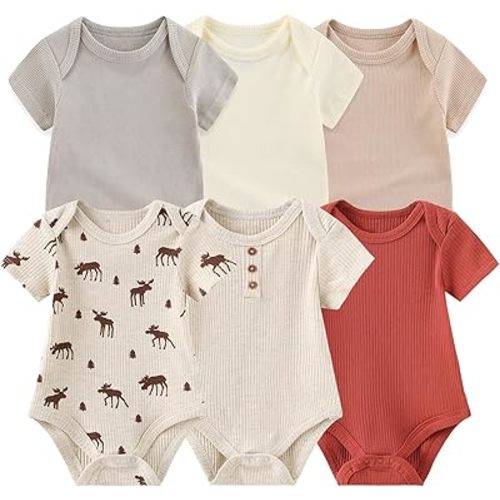 Baby Bodysuit 6 Pack Soft Mixed Ribbed Short Sleeve Romper Infant Boy Girl Clothes Set