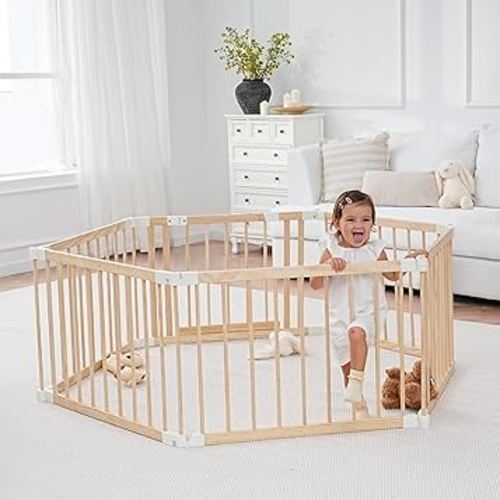 Wooden Playpen & Play Yards for Babies and Toddlers, Foldable Wood Baby Play Fence with Locking Gate, Kids Activity Area Center Indoor Outdoor, 64 * 32 inch, Pinewood