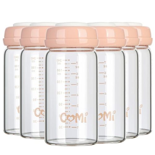 COMI Wide Neck Glass Breastmilk Collection n Storage Bottle, 8oz with Screw Ring Sealing Disk; Re-markable Sealing Disc. BPA Free, Fits Breast Pumps & Nipples (6 Pink Lids)