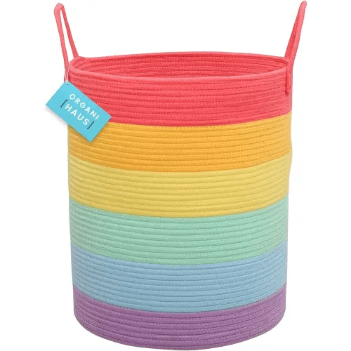 OrganiHaus Tall Rainbow Rope Blanket Basket for Living Room Decor, Cute Woven Baby Laundry Basket, Baby Nursery Hampers for Toys, Kids Laundry Hamper for Dirty Clothes, Decor for Kids Classroom