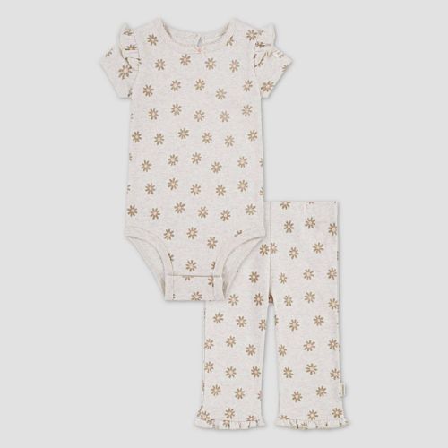 Huggies Baby Girls' Floral Short Sleeve Bodysuit & Pants Set - Tan Newborn: Organic Cotton Knit, Crotch Snap, Pull-on Pant
