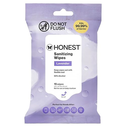 The Honest Company Lavender Sanitizing Alcohol Wipes, Antibacterial with Aloe, Kills 99% of Germs, 15 Count