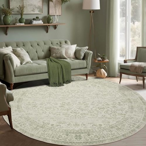 6ft Round 6' Round Rug Washable Area Circle Rug Vintage Carpet Indoor Floor Cover Floral Print Sage Green