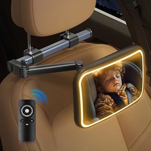 Baby Car Mirror with Light - Car Seat Mirror for Baby Rear Facing with Adjustable Aluminum Alloy Holder, Remote Control, 360° Rotation ShatterProof Back Seat Mirror for Baby