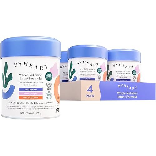 ByHeart Whole Nutrition Infant Formula Powder for Infants 0-12 Months, Made With Organic Grass-Fed Whole Milk, Clean Label Project Certified, Closest-to-Breast Milk Baby Formula Patented Protein Blend (24 Ounce (Pack of 4))