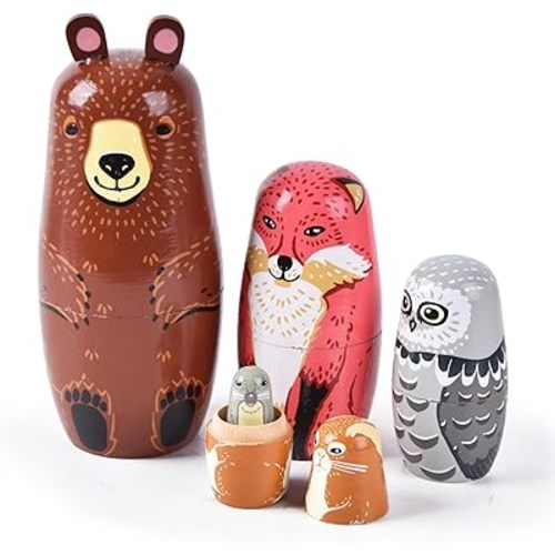 Russian Nesting Dolls, 5 Pcs 6 "Tall Animal Nesting Easter Eggs Toys, Stacking Wooden Handmade Matryoshka Dolls for Kids Toddlers Birthday or Home Decoration Gift (Bear)