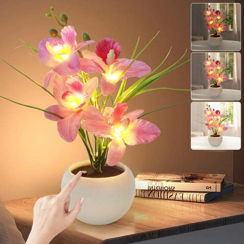 Artificial Flower Night Light, Touch Stepless Dimming USB Rechargeable Pink Orchid Flower with Vase Lamp, LED Desktop Decorative Landscape Lights for Festival Party Home Decor