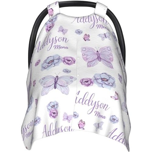 Personalized Baby Car Seat Canopy for Babies, Custom Name Purple Butterfly Baby Car Seat Covers for Girls, Opening Minky Nursing Breastfeeding Cover for Infant, Carseat Canopies for Newborn