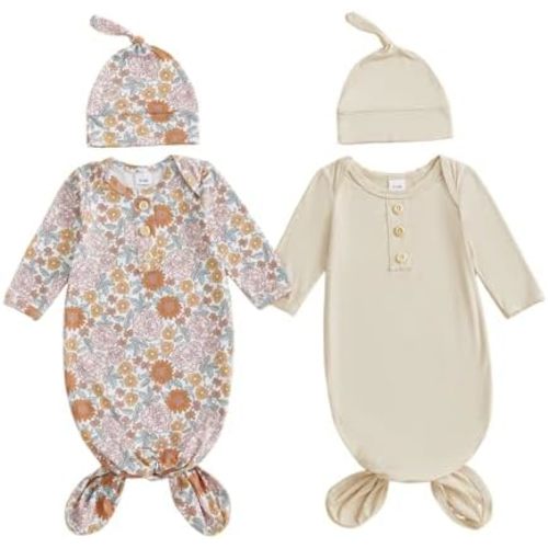 woshilaocai 2 Pack Baby Boy Girl Gown Sleeper Newborn Knotted Nightgown and Hat Set Infant Sleepwear