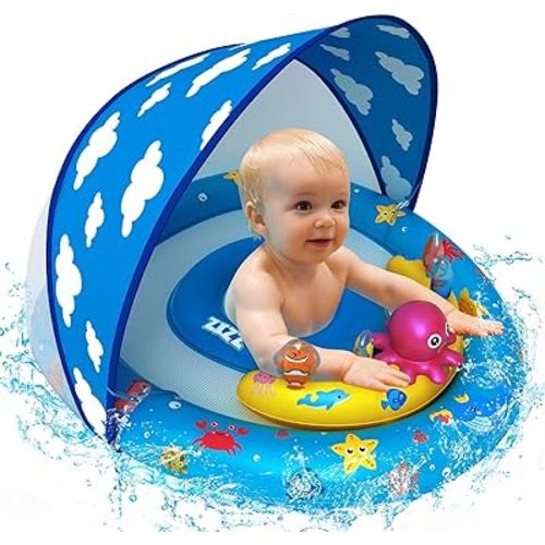 ZIZZ Baby Swim Float Toys - Baby Pools 6-12 Months, Pool Float with Canopy Swimming Toys for Baby 6-12 Months & 1 2 Year Old Toddler Summer Outdoor Play Kids Boy Girl Gifts