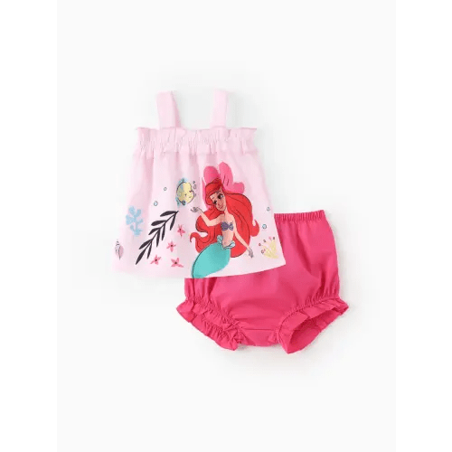 Disney Princess Baby 2pcs Ariel/Rapunzel/Belle/Cinderella/Tiana/Snow White Floral Ruffled Smocked Sleeveless Top And Bloomer Shorts Set