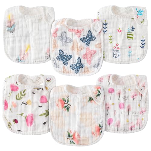 Zainpe 6Pcs Snap Muslin Cotton Baby Bibs Spring Butterflies Flowers Bib with 6 Absorbent Soft Layers Adjustable Burp Cloths for Infant Girl Boy Toddler Drooling Eating Teething Feeding 0 to 24 Months