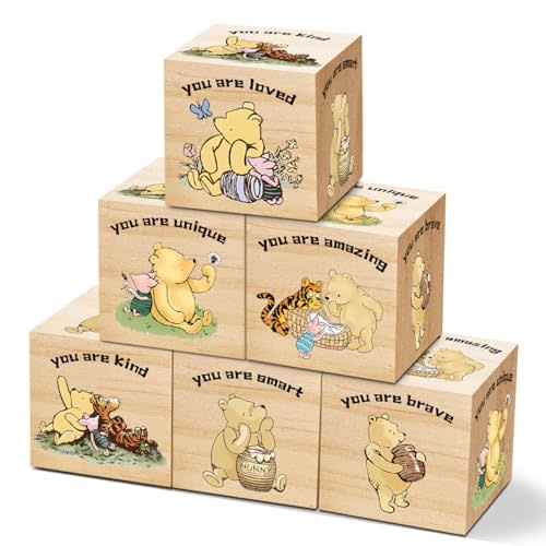 Tillfuru 6 Pcs Inspirational Winnie Nursery Decor for Girls and Boys Classic The Pooh Baby Table Wooden Decorations Winnie Baby Animals Shelf Decorations-You are Kind Brave 1.6 Inch