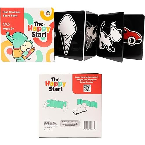Happy Start High Contrast Board Book: Easy to Clean - Hospital Approved - Stands on Its Own - Tummy Time Toys - Black and White High Contrast Baby Toys - Ages 0+ (English)