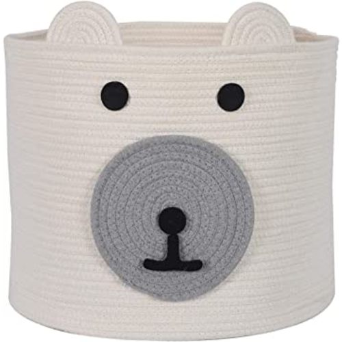 Cotton Rope Storage Basket with Cute Bear Design, Woven Laundry Basket with Handles, Baby Nursery Organizer for Toys, Blanket, Clothes, Towels, 12”(D) x 11”(H)