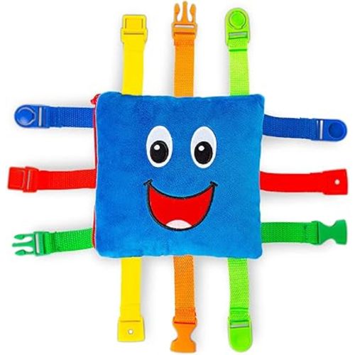 Buckle Toys Boomer Square Travel Essential for Toddlers 1-3, Road Trip Activities for Kids, Toddler Learning Toy, Sensory Toy to Develop Fine Motor Skills and Learn Numbers and Colors, Storage Pocket