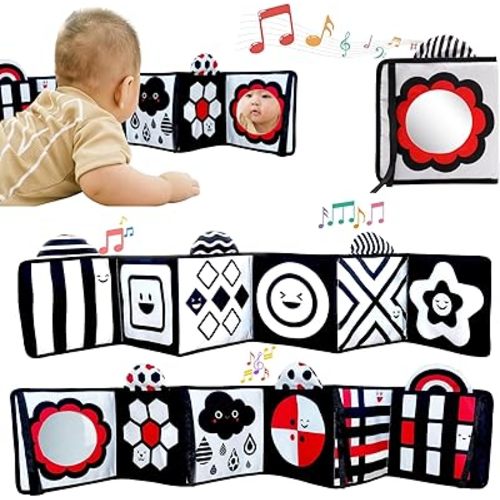 Black and White Baby Toys – High Contrast Soft Sensory Book with Mirror for Newborn Development, Perfect Tummy Time Toy for Infants 0-12 Months