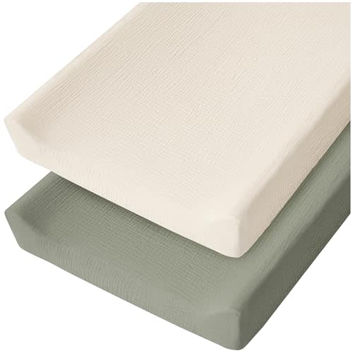 Konssy 2 Pack Muslin Changing Pad Cover for Baby Girls Boys 100% Cotton Fitted Diaper Changing Table Cover Set, Soft Changing Pad Sheets (Fog Green,Cream)