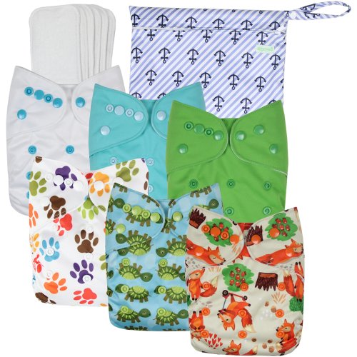 Wegreeco Washable Reusable Baby Cloth Pocket Diapers 6 Pack + 6 Bamboo Inserts (with 1 Wet Bag,Neutral Prints)