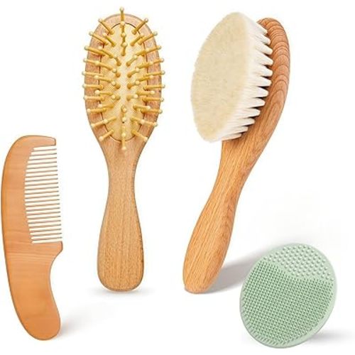 Baby Hair Brush and Comb Set - 4Pcs Toddler Hair Brush with Soft Bristles, Natural Wooden Handle Baby Grooming Kit for Newborns, Baby Essentials, Cradle Cap Brush