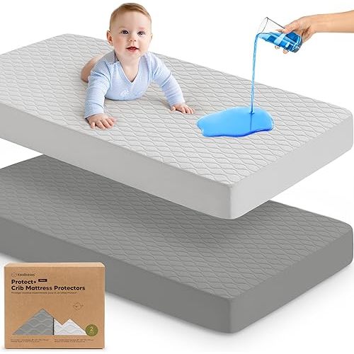 Waterproof Crib Mattress Protector Cover Fitted - 2-Pack Quiet Baby Mattress Topper Crib Sheets, 52" x 28" Soft Quilted Cotton Baby Sheet, Easy Fit, Durable Toddler Liner (Granite)
