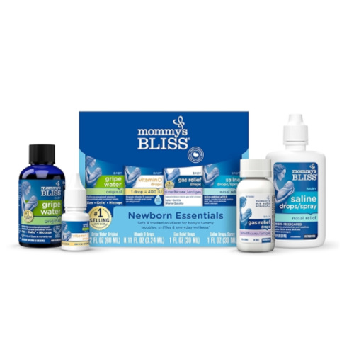 Mommy's Bliss 4-Piece Newborn and Baby Essentials Kit - With Gripe Water, Gas Relief Drops, Vitamin D 400IU, and Saline Drops/Spray - The Perfect Baby Gift.