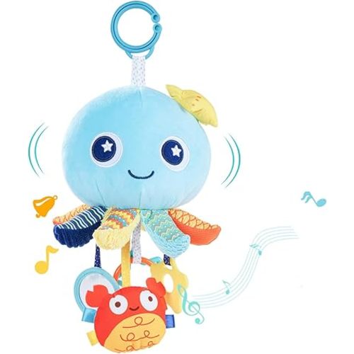 Baby Toys 0-6 Months - Octopus Toy with Pulling Cords, Squeaky, Crinkle, Rattle, Mirror - Baby Toys 3-6 6-12 Months Developmental Newborn Infant Toys Baby Sensory Stuffers Shower Gifts(Light Blue)