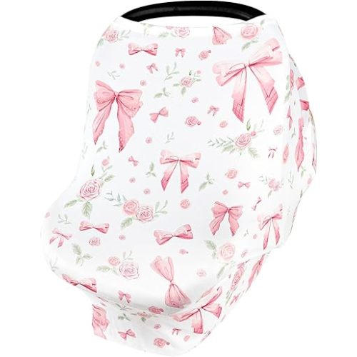 Car Seat Cover Baby Girls, All-in-1 Carseat Canopy for Babies, Multi-Use Infant Carrier Cover, Stroller Sun Shade, Nursing Breastfeeding Cover, Comfortable and Machine Washable, Pink Rose
