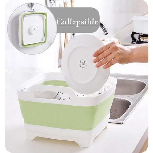 9L (2.4Gal) Dish Basin Collapsible with Drain Plug , Space Saveing Kitchen Storage Tray Dish Wash Basin, Portable Dish Tub, Foldable Dishpan for Camping ,RV,Green