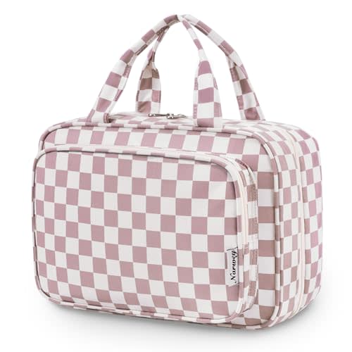 Narwey Travel Toiletry Bag for Women Large Hanging Makeup Bag Organizer Toiletries Bag for Full Size Essentials Accessories Cosmetics (Dusty Pink Checkerboard (Large))