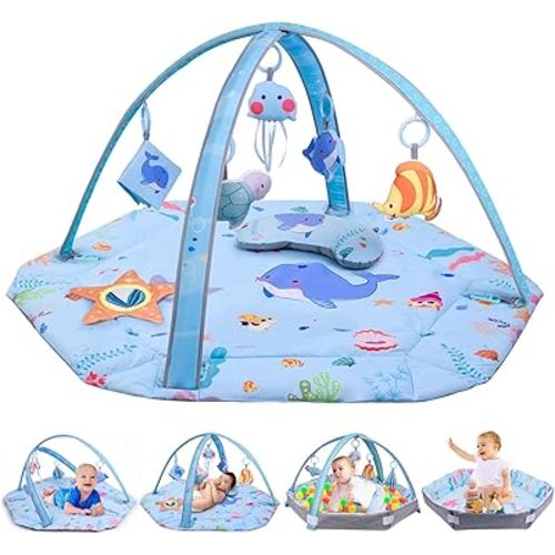 Bellababy Tummy Time Mat, Baby Gym Activity Play Mat & Ball Pit, Adjustable Arches, with 6 Detachable Toys for Stage-Based Sensory & Motor Skill All Development, Newborn Baby Essentials