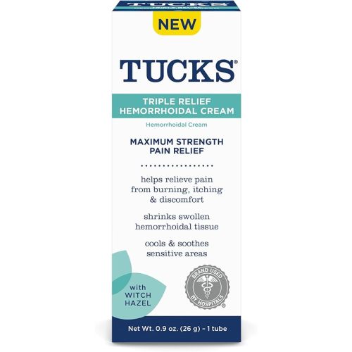 Tucks Triple Relief Hemorrhoidal Cream, Maximum Strength Pain Relief from Burning, Itching and Discomfort, with Witch Hazel, Treatment, Brand Used by Hospitals, 0.9oz. (26g)