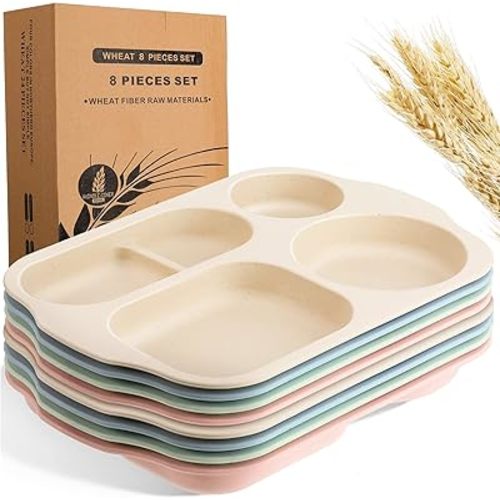 Vesici 8 Pcs Large 12 Inch Unbreakable Divided Plates for Kids Adults Wheat Straw Tray Microwave Safe Dishwasher Reusable Plastic Compartment Plates Lightweight Plates(Pink, Blue, Beige, Green)