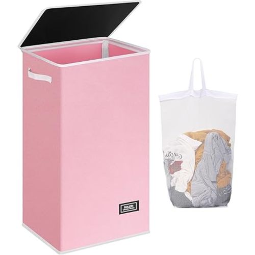 SOLEDI Laundry Hamper with Lid 100L Large & Tall Collapsible Laundry Basket, Clothes Hamper with Bag Removable Easy to Carry, Dirty Hampers for Bedroom, Bathroom, Dorm, College, Pink