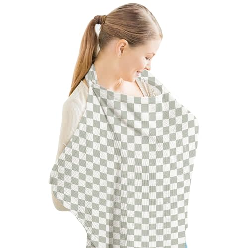 Konssy Muslin Nursing Cover for Baby Breastfeeding, Breathable 100% Cotton Breastfeeding Cover with Rigid Hoop for Mother Nursing Apron, Multi-use Carseat Canopy (Green Plaid)
