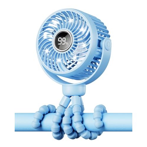 Bearwind Mini Portable Stroller Fan for Travel,360° Rotation,4-Speed LED Night Light Clip on Fans Operated by Rechargeable Battery, Cordless Fan with Tripod Car Seat Baby Pram (Blue)
