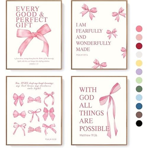 LARTSFRO Coquette Pink Bow Christian Wall Art Decor Posters, Pink Bow Christian Bathroom Room Bedroom Dorm Wall Art Decor Aesthetic for College Teen Girls Gifts, Inspirational Bible Verses Bow Pictures 10x8 Inch Set of 4 Pcs(UNFRAMED)