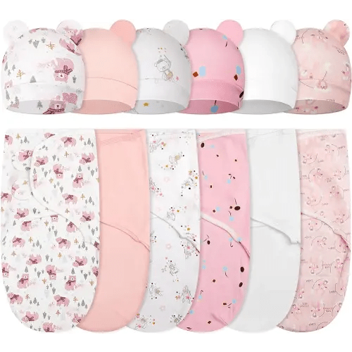 Ramede 6 Pack Baby Swaddle Blanket with Hats Sleep Swaddle for 0-3 Months Newborn Sacks Soft Cotton Wearable for Baby Boy Girl Sleeping(Pink, Animal)