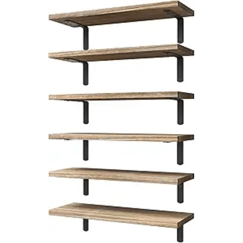 WOPITUES Wood Floating Shelves Set of 6, Shelves for Wall Decor, Farmhouse Shelf for Bedroom, Bathroom Storage Shelves, Book Shelves for Living Room - Rustic Brown