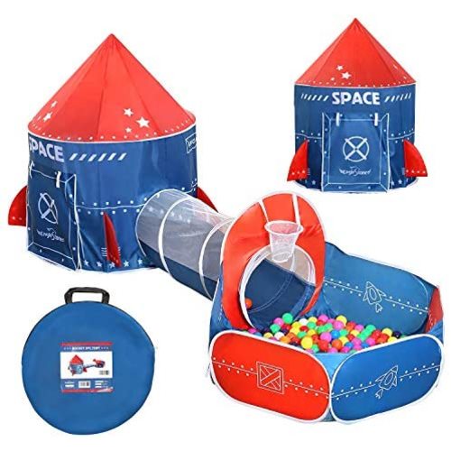 EagleStone 3 in 1 Kids Play Tent with Ball Pit for Toddlers Crawl Tunnel Baby Tent with Basketball Hoop, Space Playhouse Toy for Boys Girls Indoor and Outdoor, Rocket Ship Design, No Ball Included