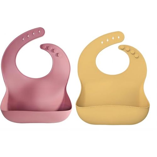 Set of 2 Cute Food Grade Silicone Bibs for Infants (10-72 Months) Waterproof Soft Non-Toxic Easy to Clean (Pink/Yellow)