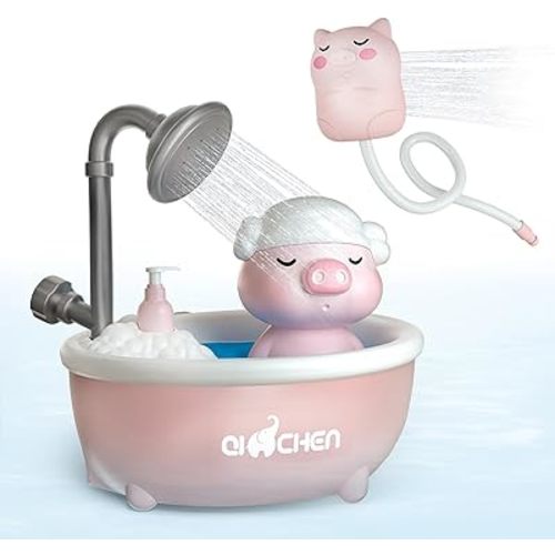 Baby Bath Shower Head - Pig Tub Baby Bath Toys for Kids - Water Pump Toy with Pig Spray Head and Faucet Sprayer, for Bathtub, Sink, Water Table (Pink)